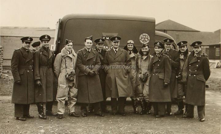 Peter Provenzano Photo Album Image_copy_018.jpg - From left to right: Charles Bateman, Gregory Daymond, Oliver Holton, Edwin Orbison, James Alexander, Captain Sweeney, Victor Bono, Dean Satterlee, Peter Provenzano, Chesley Peterson, Paul Anderson, and James McGinnnis.  The 71st Eagle Squadron in training - RAF Station Sealand, October 1940.